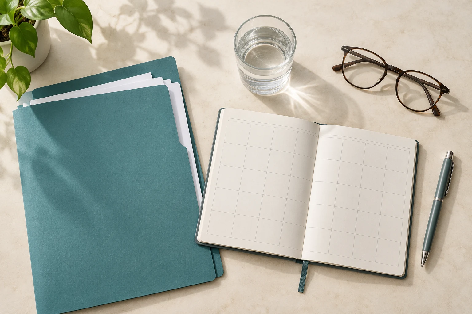 Illustrative checkup preparation with a folder, water and planning essentials